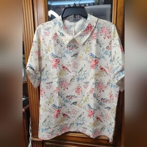 Floral Bird Print Short Sleeve Shirt XXL